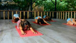 a group of girls doing yoga on a deck at Cariblue Beach and Jungle Resort in Puerto Viejo