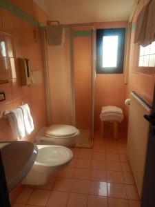 a bathroom with a toilet and a sink and a shower at Hotel Aurora in Treviso