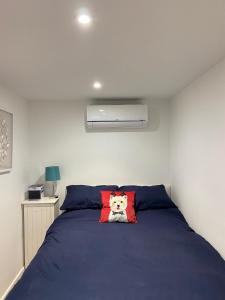 1 dormitorio con cama azul y almohada en Lindas LODGE Free PARKING air con plus provisions included, en Hove