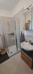 een badkamer met een douche en een wastafel bij Waldstadt-Apartments in Iserlohn