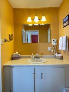 a bathroom with a sink and a mirror at Fair Isle Motel in Charlottetown