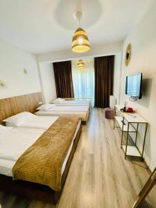 ein Hotelzimmer mit 3 Betten und einem TV in der Unterkunft Pensiunea Berg Hill in Băile Olăneşti
