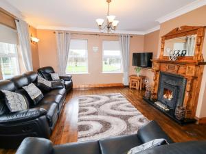 a living room with leather furniture and a fireplace at Willow Tree Farm House in Newry