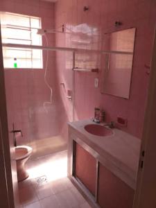 uma casa de banho com um lavatório, um chuveiro e um WC. em Apartamento(1) inteiro com sala reversivel em Volta Redonda