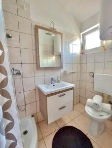 een badkamer met een wastafel, een toilet en een spiegel bij Grgo Apartments in Drage