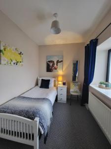 a small bedroom with a bed and a window at Rose Meadow Cottage in Liscannor