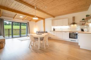 a kitchen and dining room with a table and chairs at Apartmány Na šumavské louce in Stachy