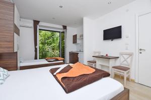 a bedroom with a bed and a desk and a television at Apartments Ivanovic in Budva