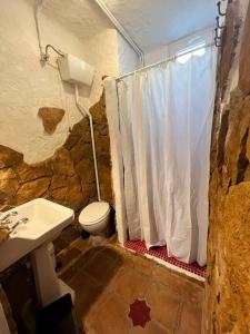 La salle de bains est pourvue d'un rideau de douche blanc et de toilettes. dans l'établissement El puente de lata 1, à Dúrcal