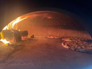 a pizza oven with three pizzas in it at Hotel Sinner's Shelby in Corabia