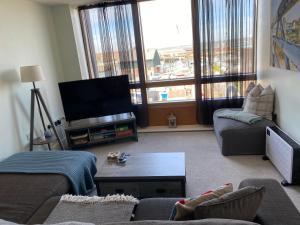 a living room with a couch and a tv at Stunning Marina apartment Gosport Portsmouth in Gosport