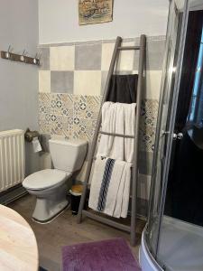 a bathroom with a toilet and a shower with towels at maison de charme in Grézillac +35 photos