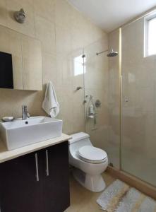uma casa de banho com um WC, um lavatório e um chuveiro em Lulu Village - Beach - Pool - Pet Friendly em Coclé
