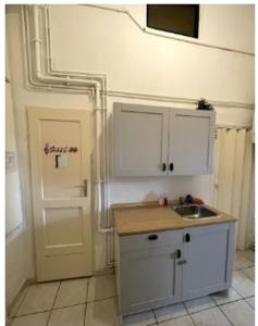 a small kitchen with a sink and a door at Schloss Belvedere Private Rooms in Vienna