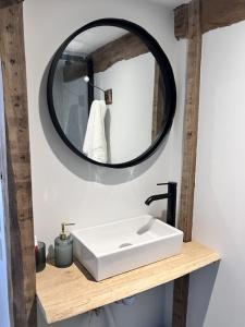 bagno con lavandino bianco e specchio di La Courmonière a Courmont