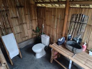 a bathroom with a toilet and a bath tub at Girang Rinjani Bungalows in Tetebatu