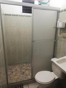 a bathroom with a shower with a toilet and a sink at Morpho Casa Vacacional in Fortuna