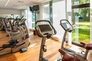 a gym with a row of treadmills and ellipticals at Dorint Main Taunus Frankfurt/Sulzbach in Frankfurt/Main