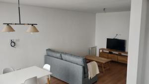 ein Wohnzimmer mit einem blauen Sofa und einem TV in der Unterkunft Moderno 2 amb con Cochera in Mar del Plata