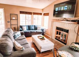 a living room with a couch and a fireplace at Pet Friendly 2 King Beds AF Academy Sleeps 12 in Colorado Springs