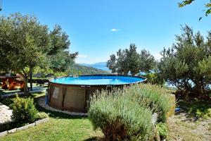 ein großer Pool in einem Garten mit Bäumen in der Unterkunft Holiday house with a swimming pool Gornji Tucepi - Podpec, Makarska - 6815 in Tučepi