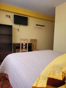 a bedroom with a large white bed and a desk at Hotel Nuevo Sol in La Paz