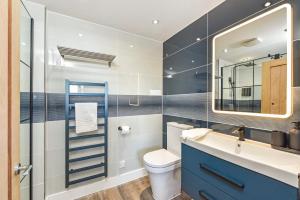 a bathroom with a toilet and a sink and a mirror at La Cantera in Merthyr Tydfil