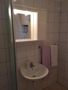 W łazience znajduje się umywalka i lustro. w obiekcie Apartment Tomljanovic w mieście Senj