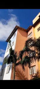 un grand bâtiment avec un palmier devant lui dans l'établissement Meire Hostel, à Guarulhos