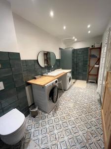 a bathroom with a sink and a washing machine at Broockhof Ferienwohnung unterm Sternenhimmel in Mecklenburg in Reimershagen