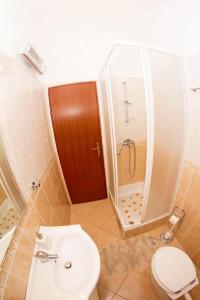 a small bathroom with a toilet and a shower at Apartment Marija in Donje Selo na Šolti