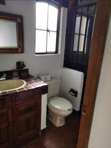 y baño con aseo, lavabo y espejo. en Alojamiento Cúpulas Avandaro, en Valle de Bravo