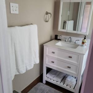 a bathroom with a sink and a mirror and towels at Southside Jax great home RV parking in Jacksonville