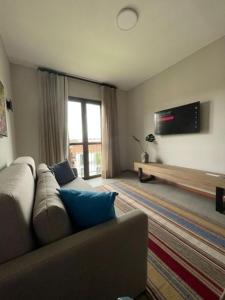 ein Wohnzimmer mit einem Sofa und einem TV in der Unterkunft Suites Quinta Santa Barbara in Pirenópolis