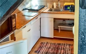 a kitchen with white cabinets and a sink and a rug at 2 Bedroom Nice Apartment In Gardna Wielka in Gardna Wielka