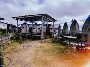 a group of domes with tables and benches in front at Komei Container Homestay in Qingshui