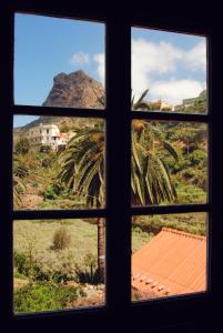 una ventana con vistas a una palmera en Casa Rural El Palmar en Vallehermoso