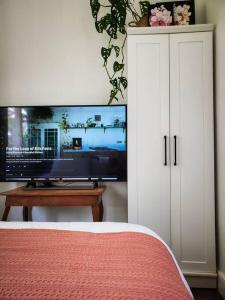 um quarto com uma cama e uma televisão de ecrã plano em Swansea Hills Tiny Home em Puerto Princesa