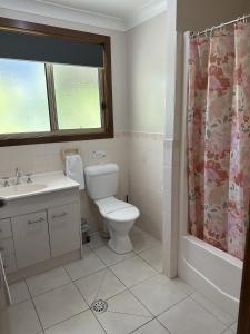 a bathroom with a toilet and a sink and a shower at Chiltern Lodge Country Retreat in Old Bar