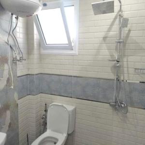 a bathroom with a toilet and a window and a shower at الاسكندريه المعموره الشاطئ in Alexandria