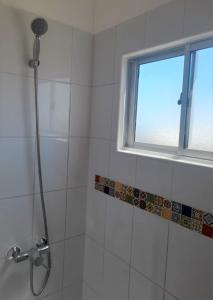 a bathroom with a shower with a window at Totoralillo Glamping in Coquimbo