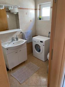 a bathroom with a washing machine and a sink at Apartmani Blažo in Kali