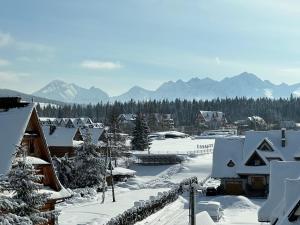 a town covered in snow with mountains in the background at Apartament Krystynka nr 2 in Poronin