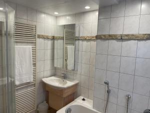 bagno con lavandino, servizi igienici e specchio di ZwergDackelAdlerHirsch a Beuron