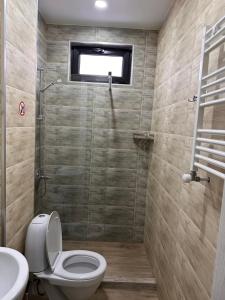 Un baño con inodoro, lavabo y ducha. en Guest house Garden Beach, en Batumi