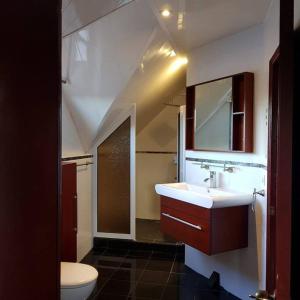 a bathroom with a sink and a toilet and a mirror at Grande et belle maison spacieuse 2 ch au calme 