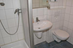 a bathroom with a toilet and a sink and a shower at Ferienwohnung zur Hafenseite _ 200 in Damp