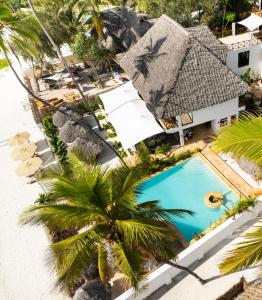 an overhead view of the pool at the resort at Alladin Boutique Beach Hotel and SPA Zanzibar in Matemwe
