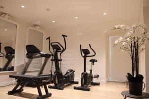 a fitness room with treadmills and exercise bikes at Hôtel Alfred Sommier in Paris