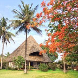 a thatch roofed house with a palm tree at Villa Palm in Galu